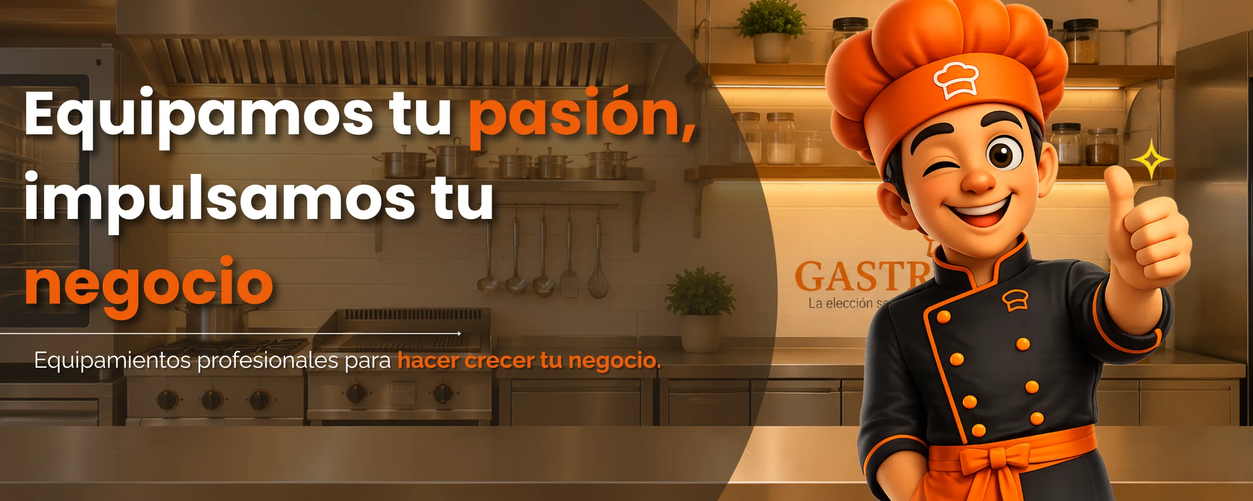 Banner de Gastropar com chef sorridente: Equipamientos tu pasión, impulsamos tu negocio. Equipamientos profesionales para hacer crecer tu negocio.